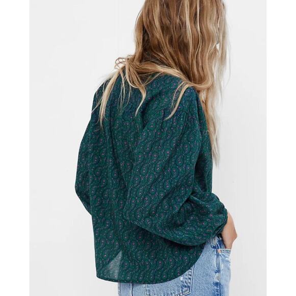 Gap Green Paisley Print Long Sleeve Mock Neck Top Blouse Women's Large Whimsical - Picture 2 of 10